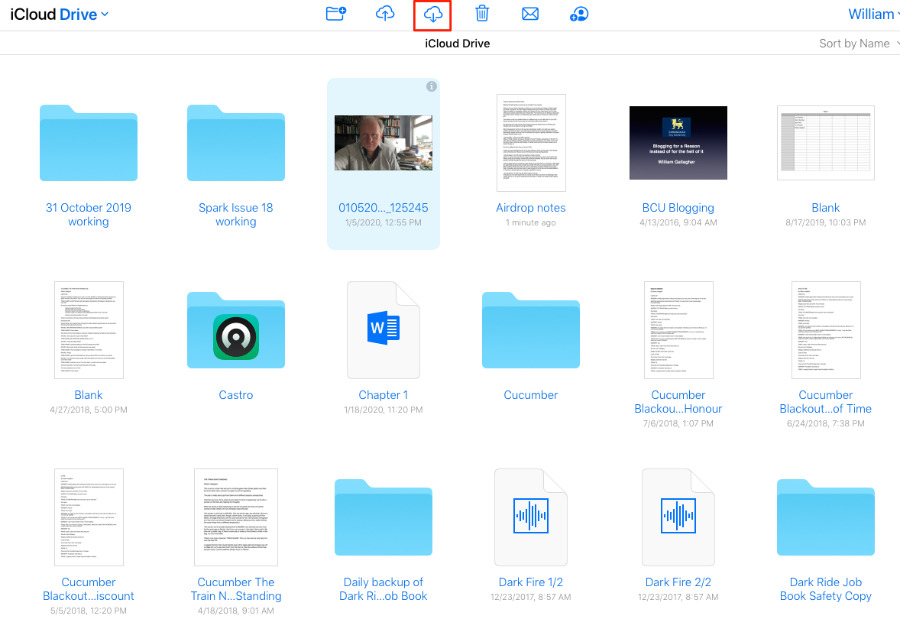 Notice the download button in iCloud Drive in a web browser. But also notice that only one document is selected. Try selecting a folder instead and the download option greys out.
