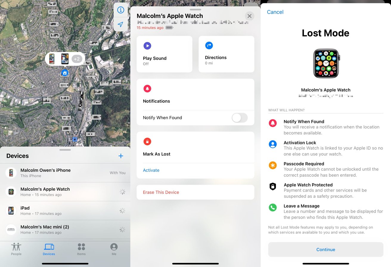 The iPhone Find My app provides easy options to track down the Apple Watch, set it to Lost Mode, or to remotely erase it.