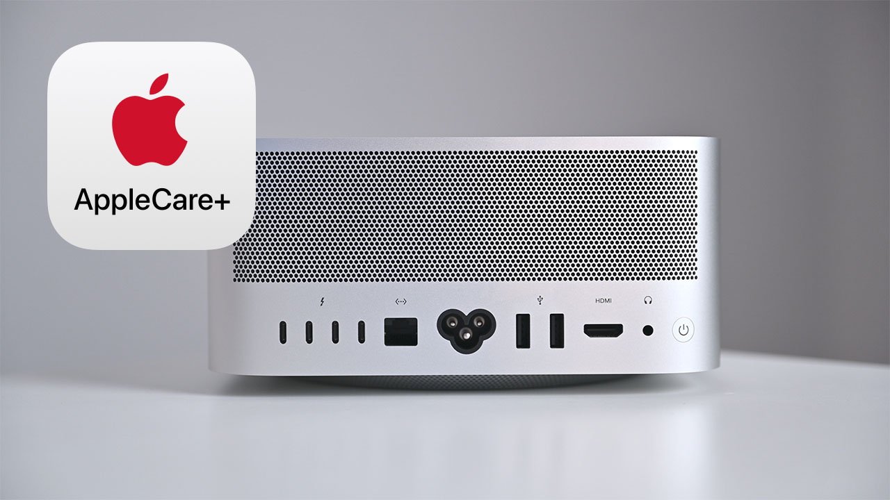 A Mac Studio computer with various ports on the back, including USB-C, HDMI, and Ethernet, next to the AppleCare logo.
