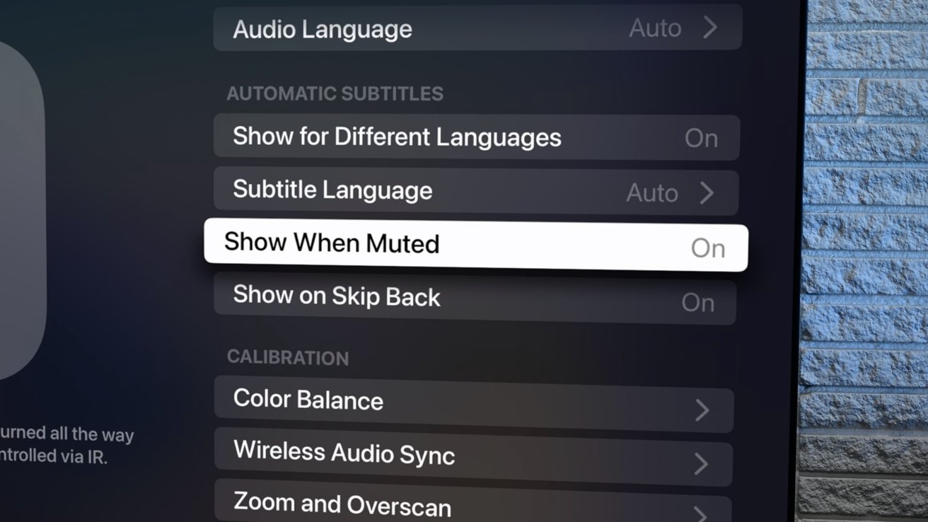 Settings menu of Apple TV with the option to turn on subtitles when muted selected