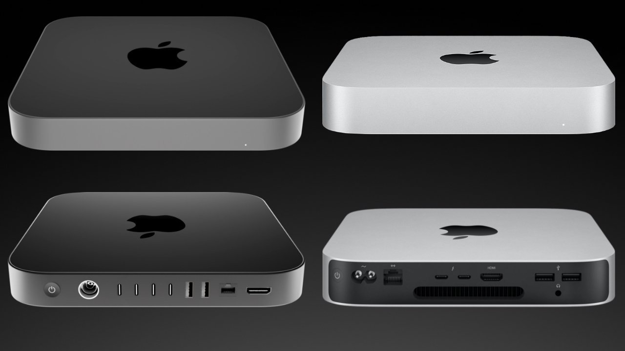 Apple Mac Mini models in silver and black showcasing top views and rear ports including power, USB, Ethernet, HDMI, and Thunderbolt.