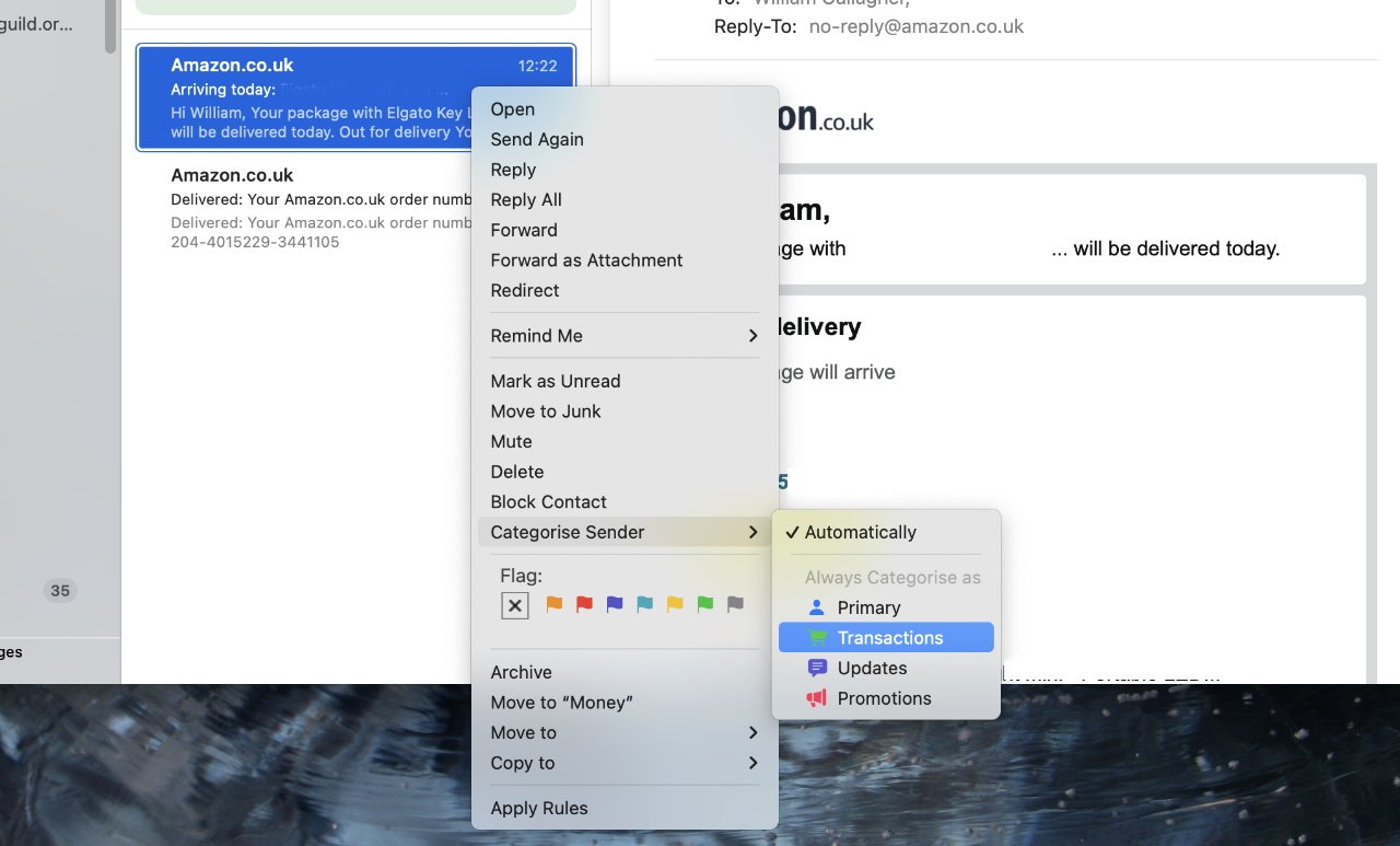 Email client interface showing an Amazon.co.uk delivery notification with right-click options and email categorization menu open.