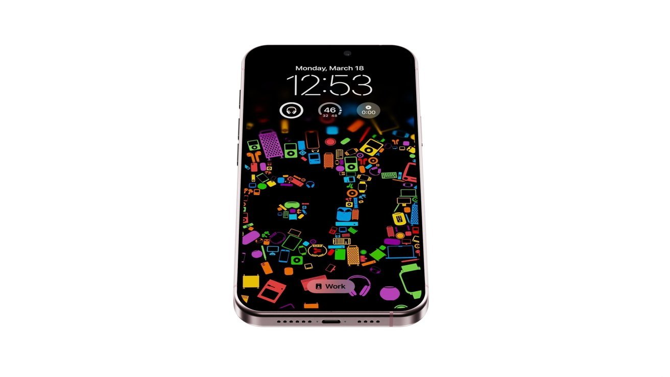 Smartphone with colorful icons on a black background, displaying time and date as 12:53, Monday, March 18 along with app notifications on the lock screen.
