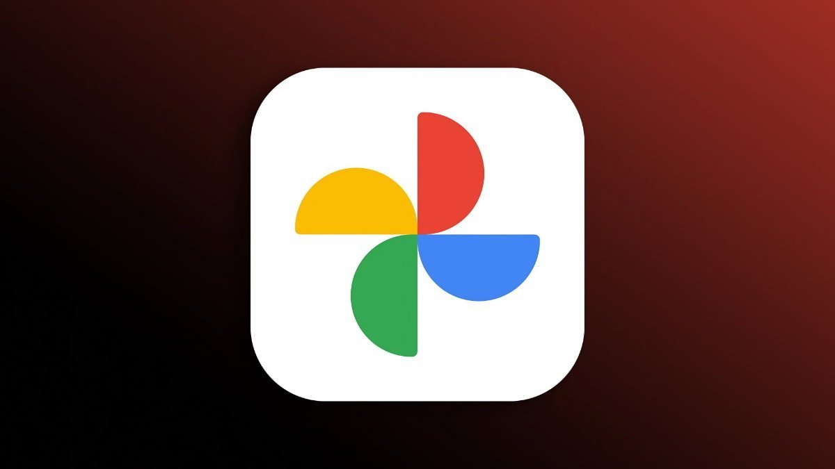 Google Photos logo with four folded shapes in red, blue, yellow, and green on a white rounded square. Background is a gradient of black to dark red.