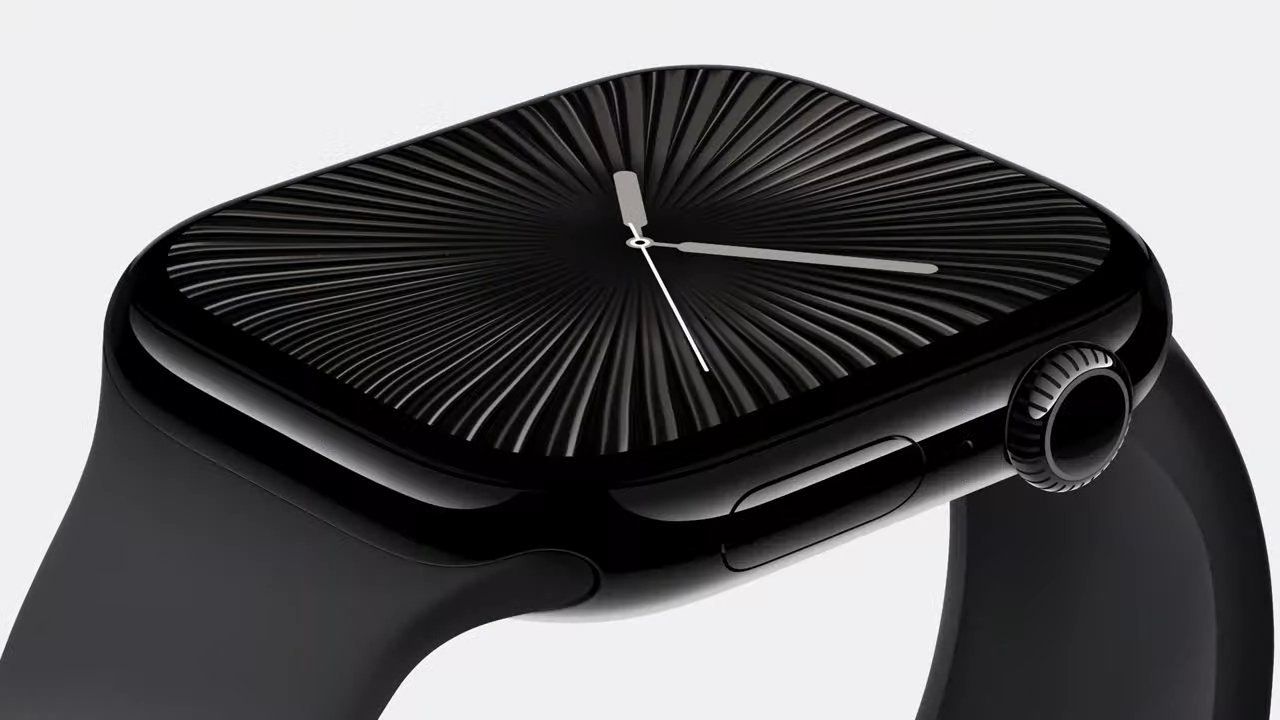 Black smartwatch with a sleek design, radial striped watch face, and minimalist hands.