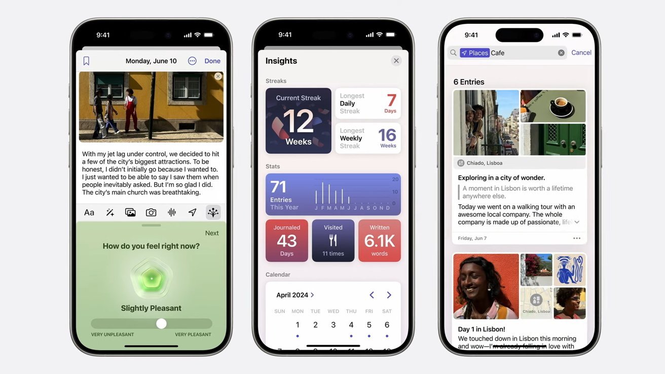 Three iPhone screens displaying the Journal app with photos, mood tracking, entries, and travel insights.