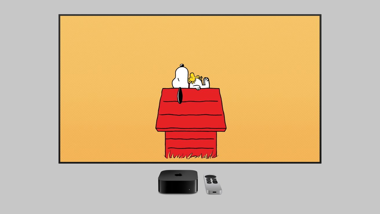 Cartoon of a dog and bird on a red doghouse roof, displayed on a TV screen with a media player and remote beneath.