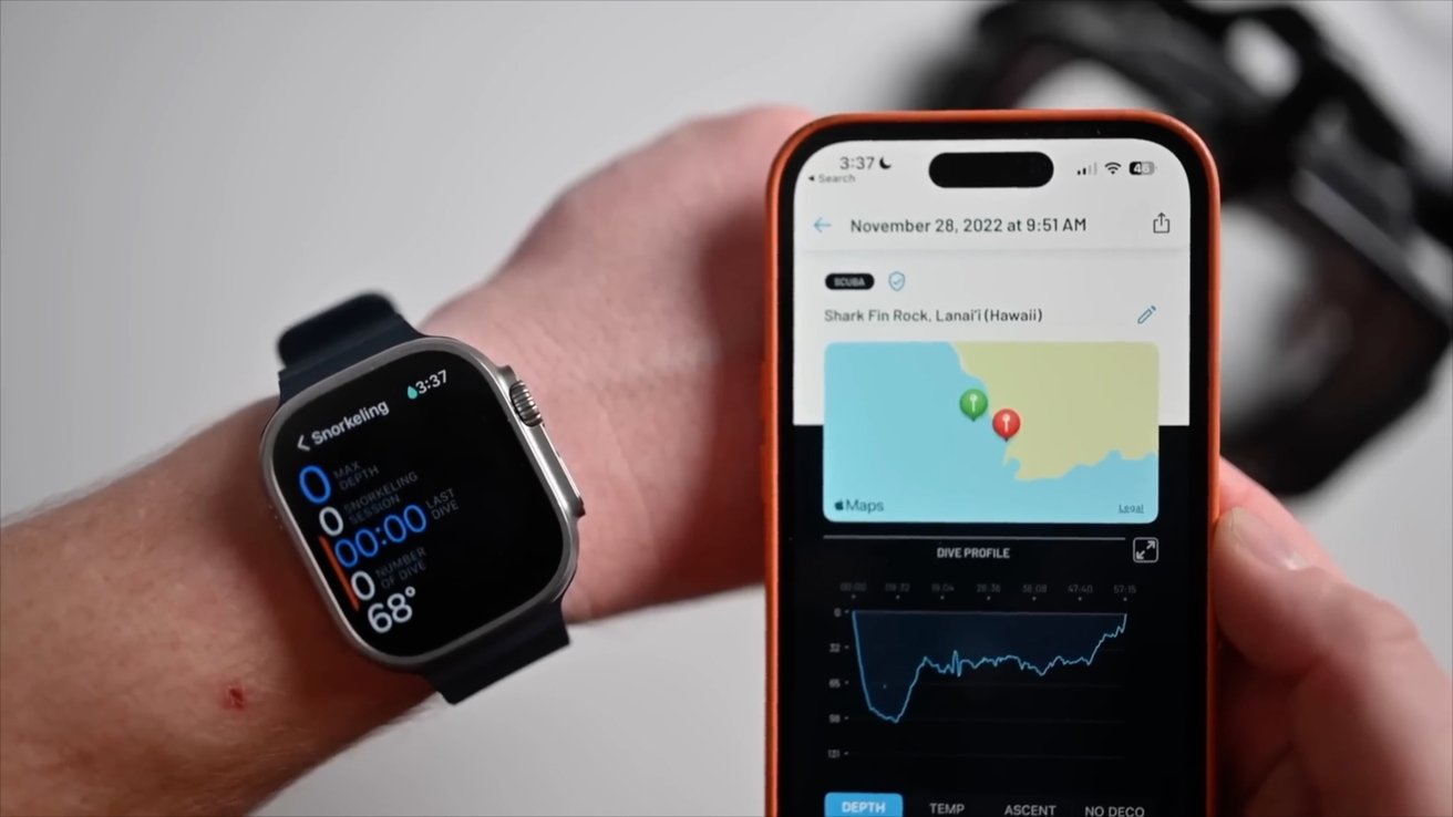Smartwatch on wrist shows snorkeling data; smartphone displays a map and dive profile graph.