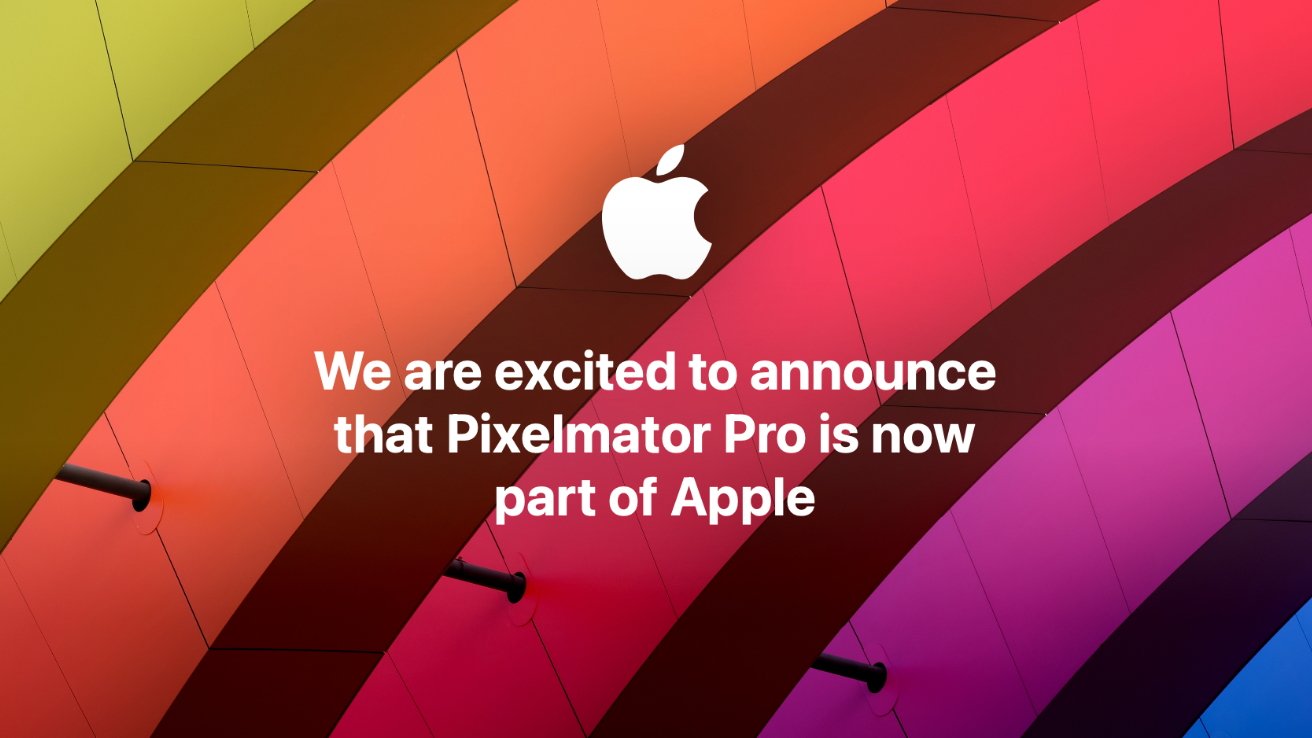 Colorful arched patterns with Apple logo and text announcing Pixelmator Pro becoming part of Apple.