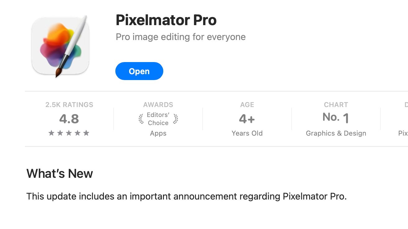 Pixelmator Pro app description with colorful icon, 4.8-star rating, Editor's Choice award, suitable for ages 4+. Update announcement mentioned below.