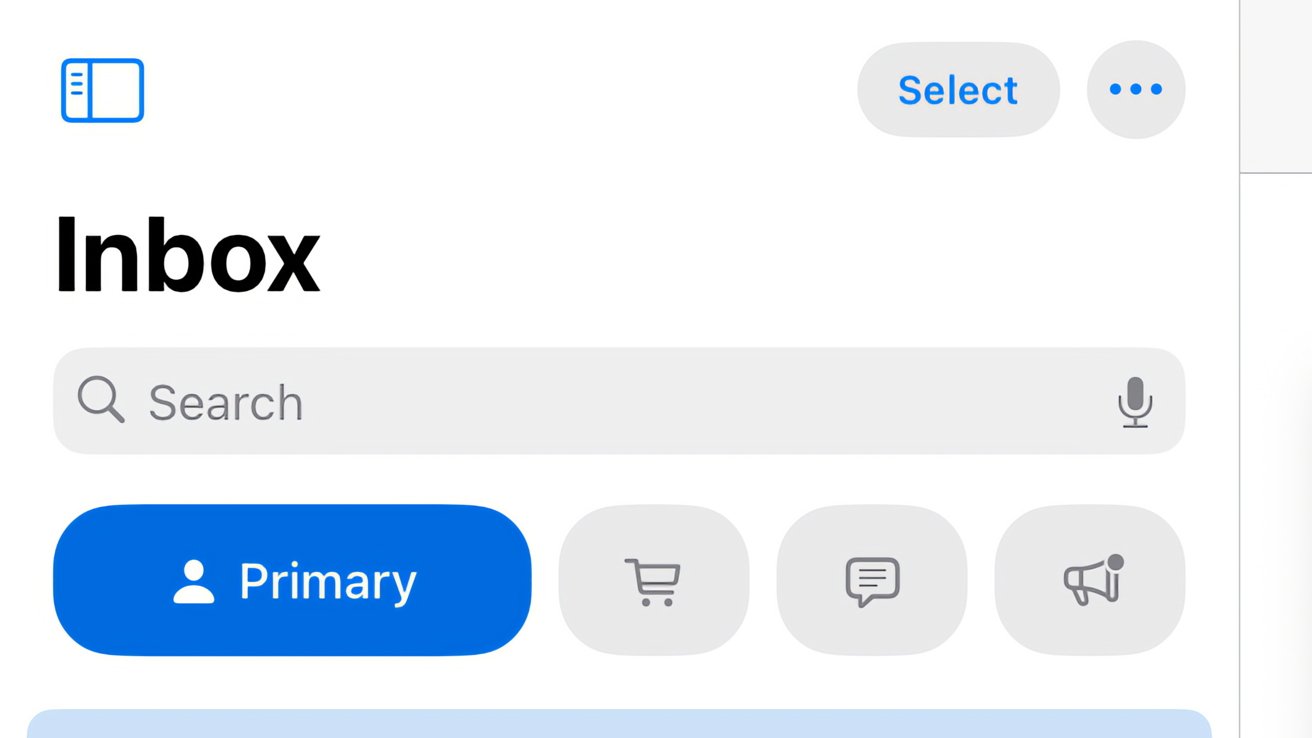 Email app interface showing search bar, 'Inbox' label, primary tab highlighted in blue, and icons for shopping, messages, and announcements.