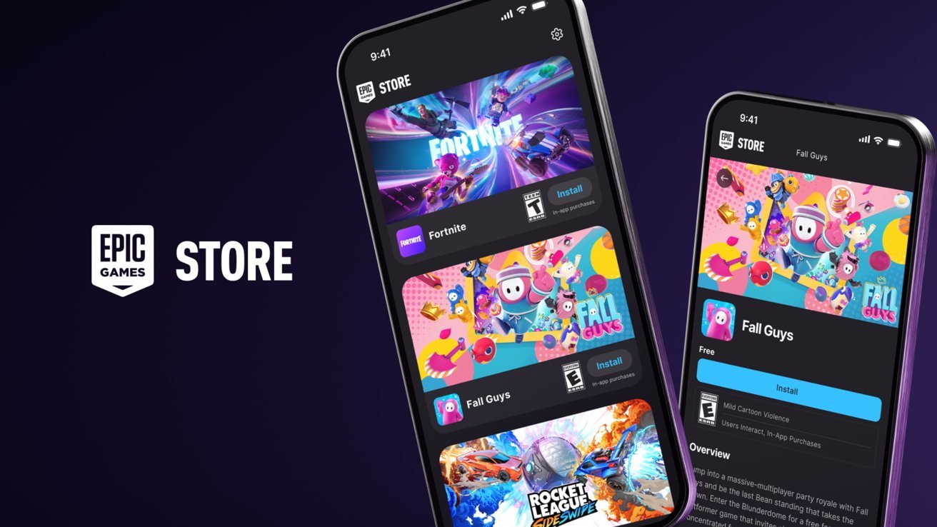 Two smartphones display Epic Games Store app featuring Fortnite, Fall Guys, and Rocket League with colorful graphics and installation options.