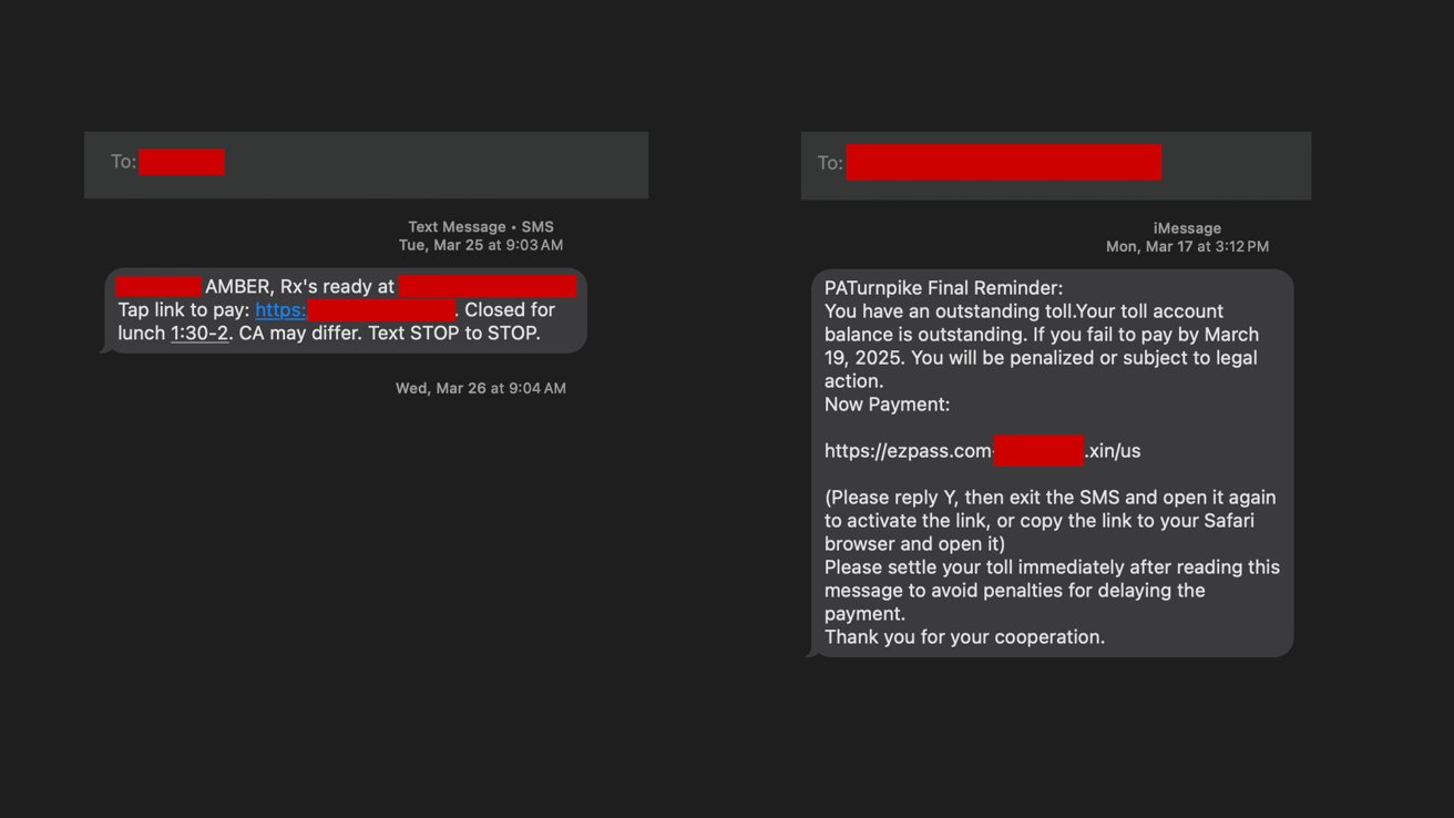 Two text messages; one about a prescription ready for pickup, another is a reminder of an outstanding toll payment warning of penalties. Both contain links and redacted personal information.