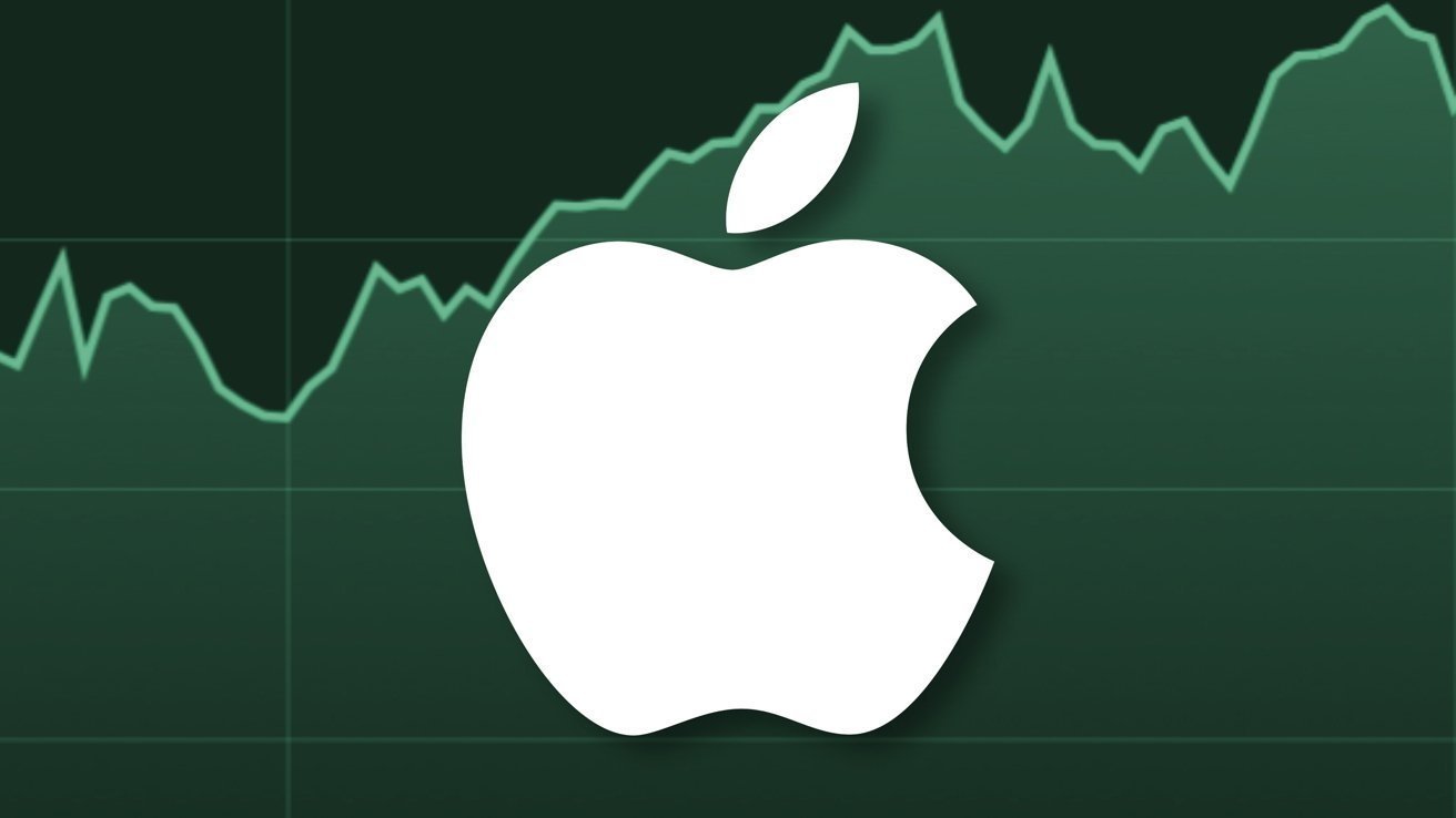White apple logo on a dark green background with a fluctuating stock market graph.