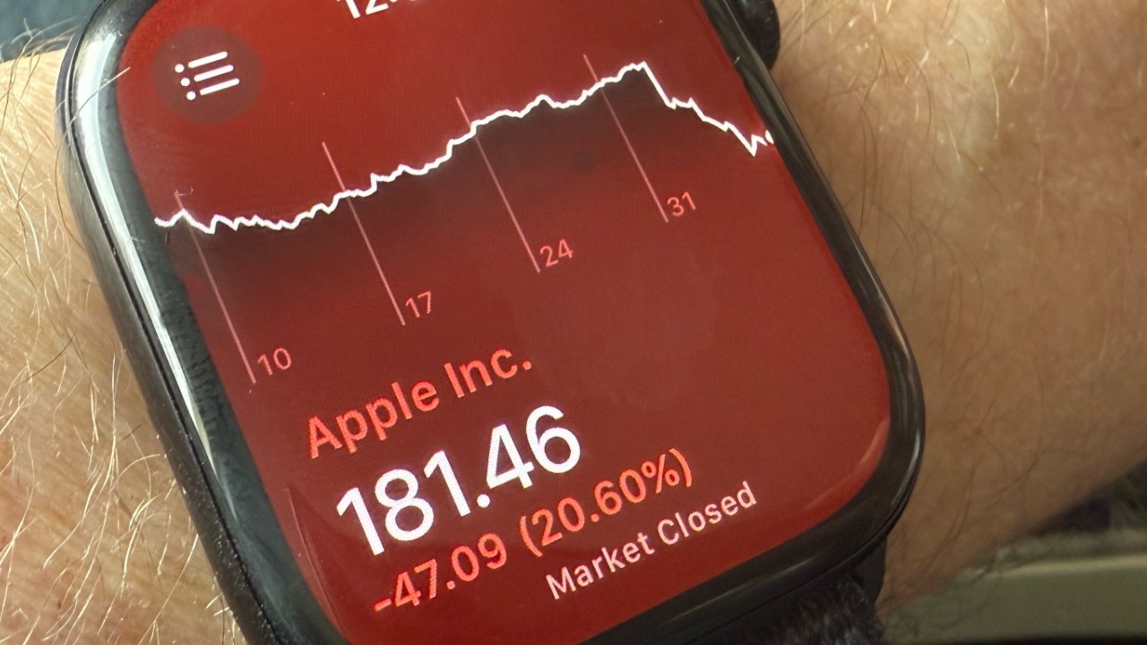 Smartwatch displaying Apple Inc. stock graph and details: 181.46, down 47.09 (20.60%), market closed.