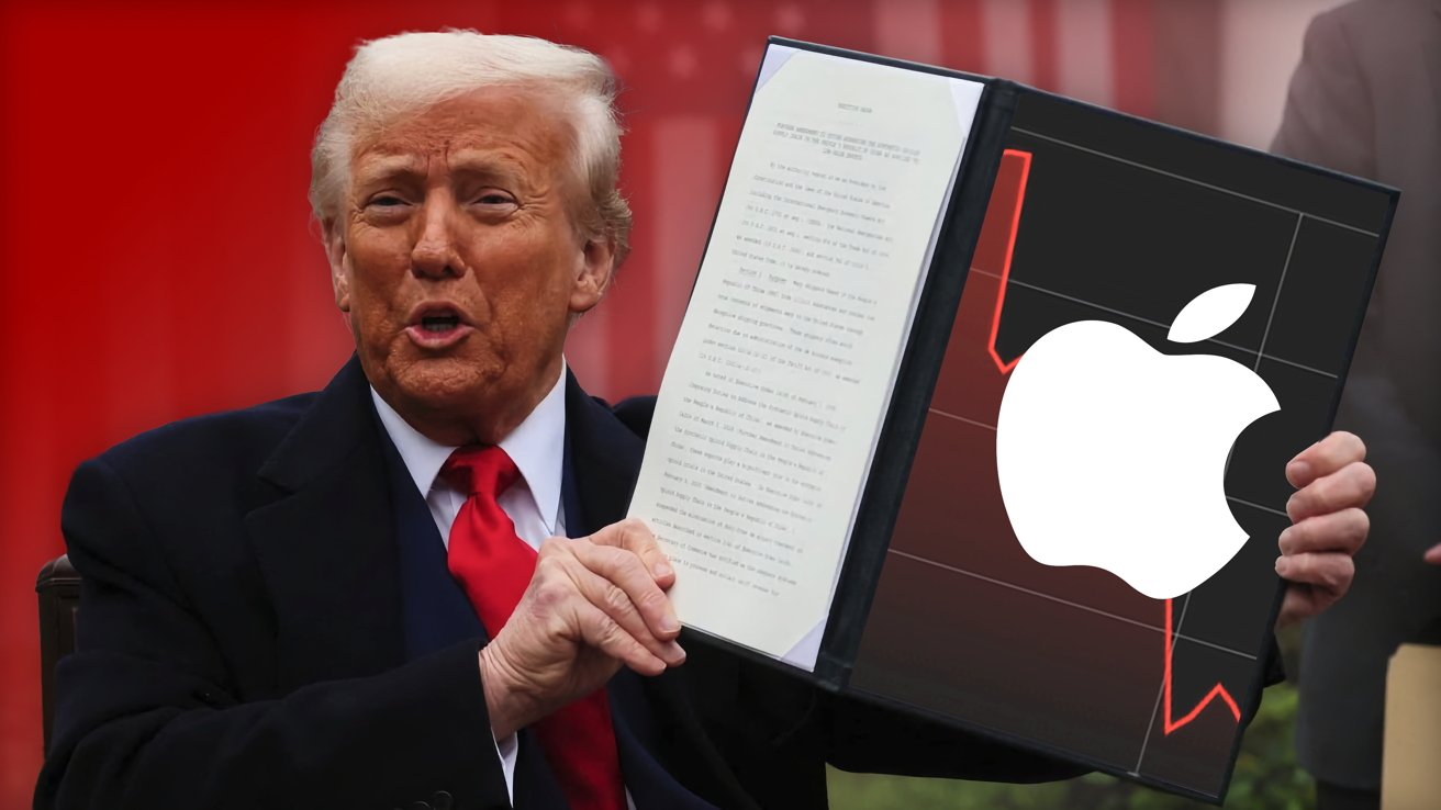 A man in a suit holds an open folder with text on one side and an upward graph with an Apple logo on the other, against a red background.