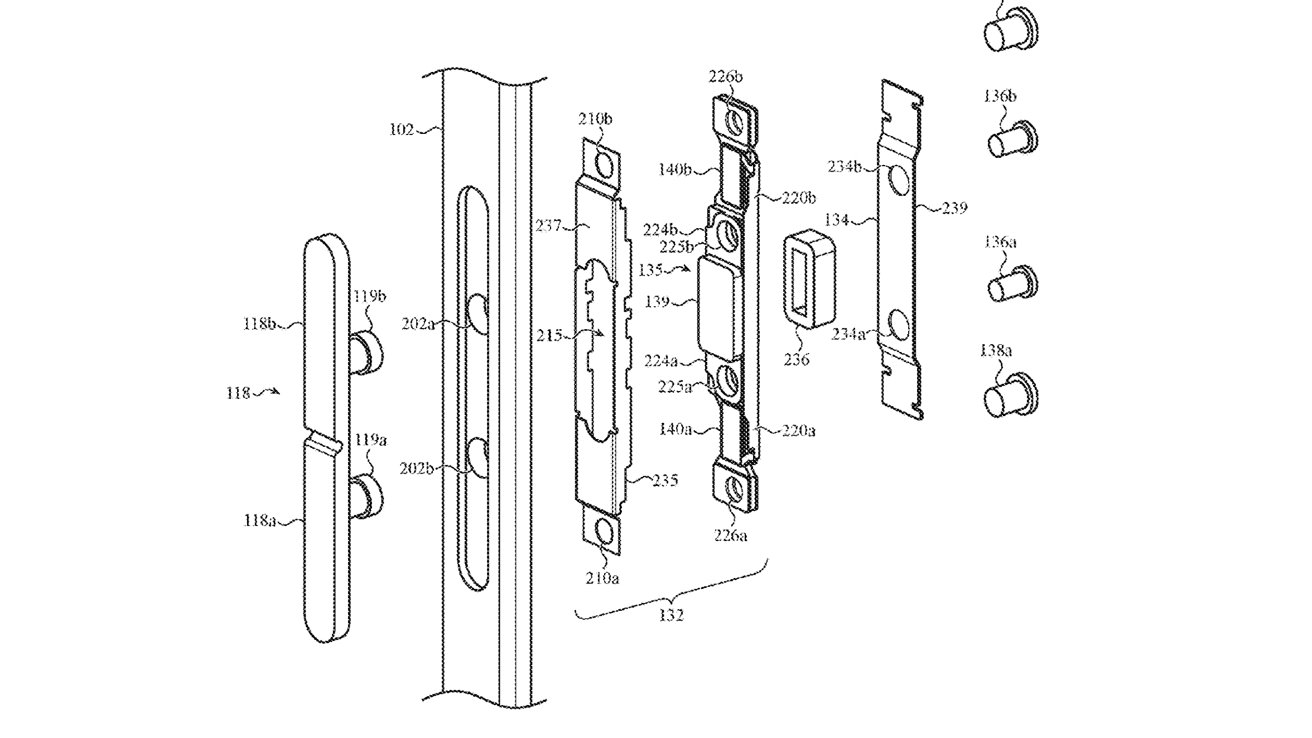 Exploded view of a door lock assembly with multiple components, including plates, knobs, and internal mechanisms, arranged in a layered sequence.