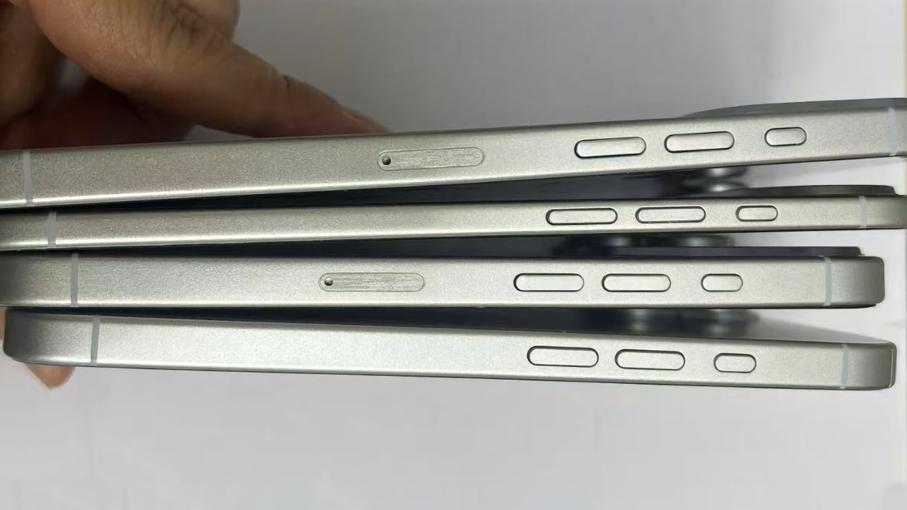 Four stacked smartphone sides with silver edges, visible buttons, and SIM card slots, held by a hand.