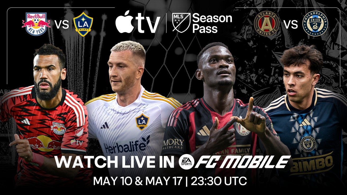 Four soccer players in team jerseys with logos for Red Bulls vs LA Galaxy and Atlanta United vs Philadelphia Union, labeled 'Watch Live' with dates May 10 and May 17, 23:30 UTC.