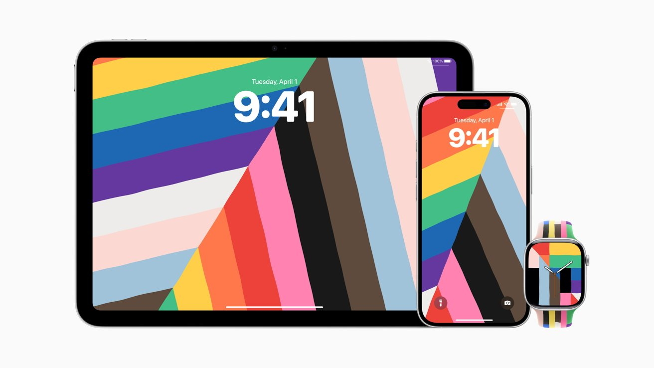 Tablet, smartphone, and smartwatch displaying colorful striped backgrounds with 9:41 time. Bright, diagonal stripes dominate each screen, with matching watch strap colors.