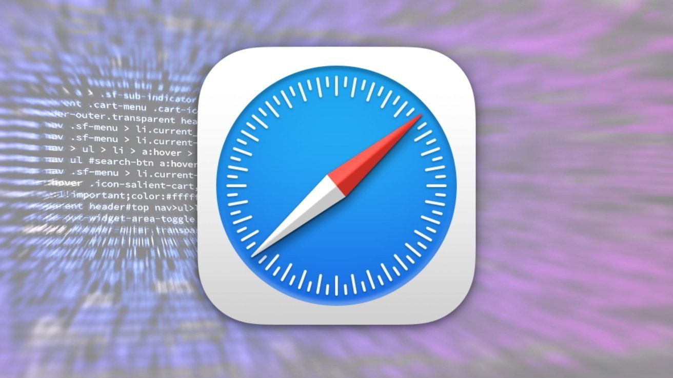 Safari app icon with a blue compass and red needle, surrounded by cryptic code text on a blurred purple background.