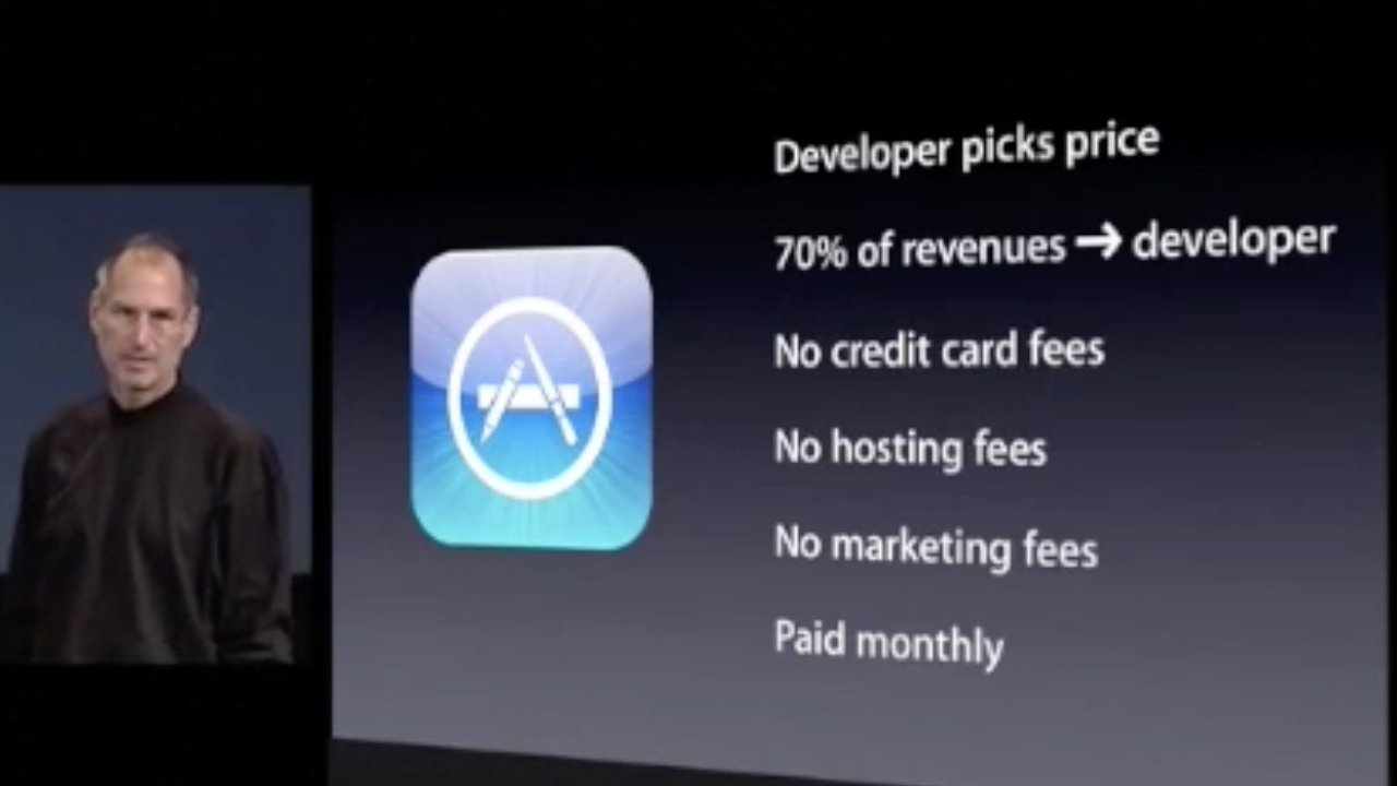 A person in a black shirt stands beside a screen displaying App Store benefits, including pricing control, 70% revenue to developers, no fees, and monthly payments.