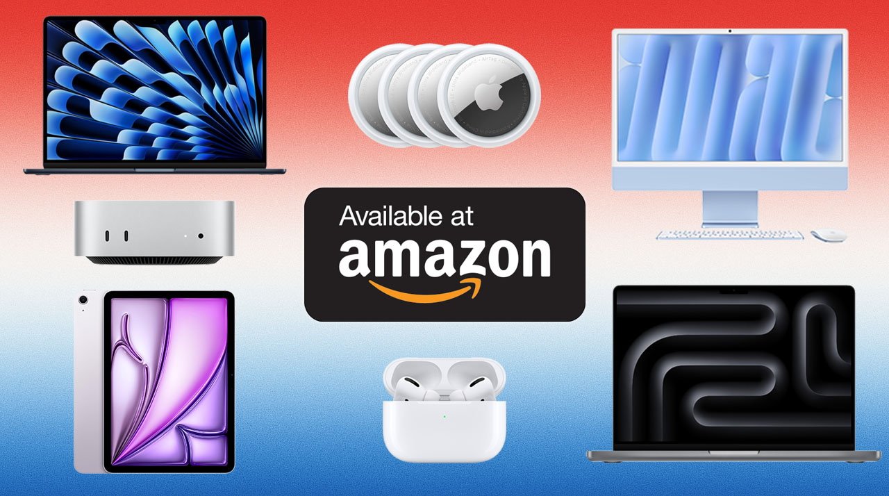 Apple MacBooks, Mac mini desktop, AirPods, iPad Air, and AirTags on a red to blue gradient background with 'Available at Amazon' text in the center.