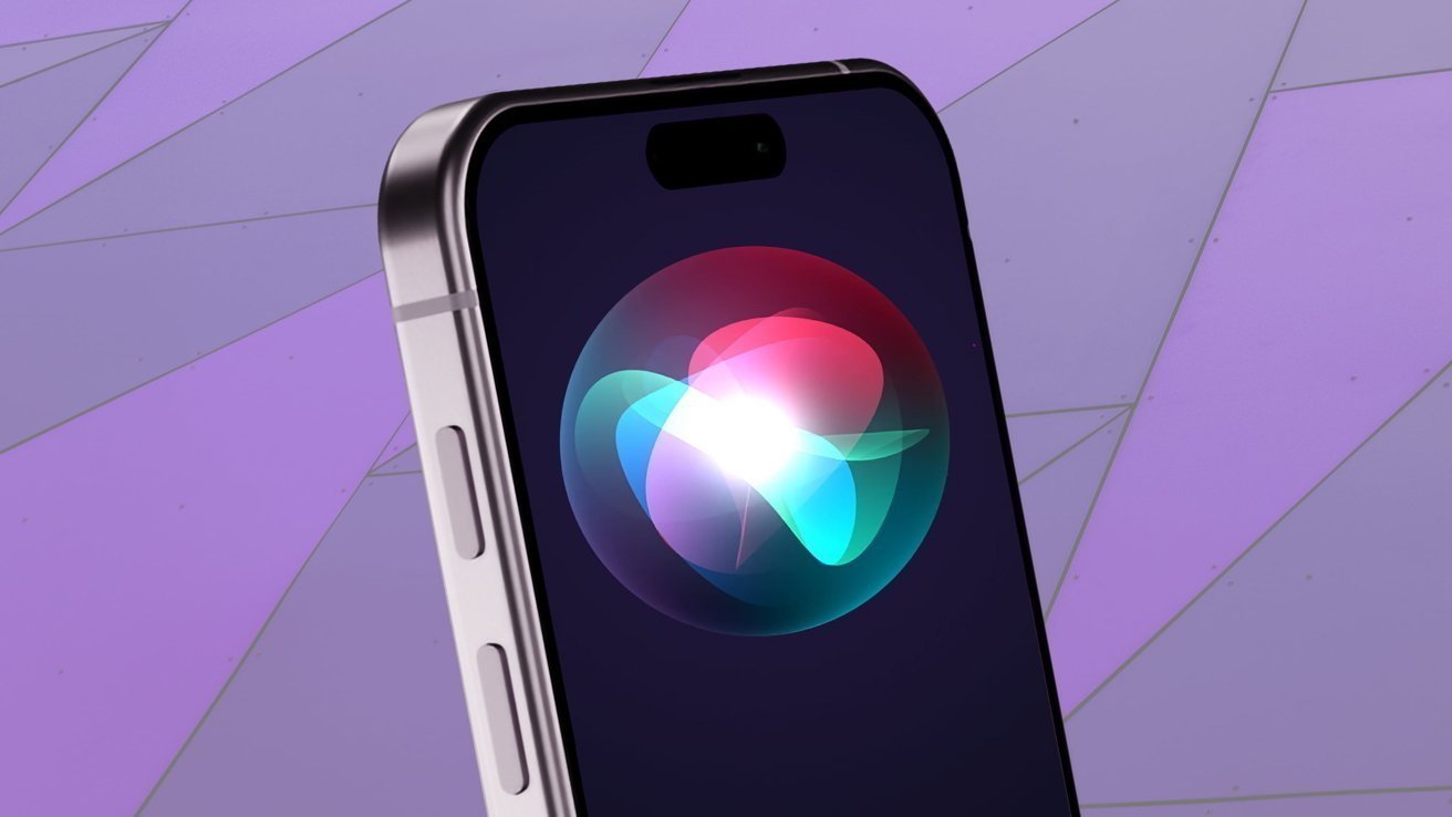 Smartphone displaying a colorful, glowing Siri icon on the screen, set against a purple geometric background.