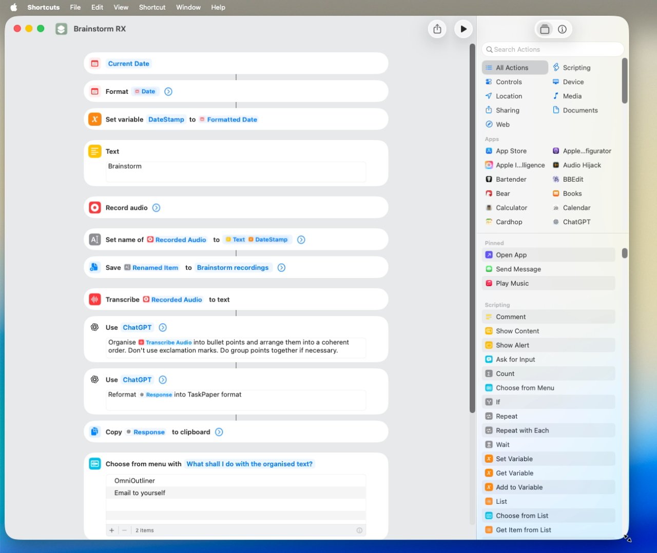 Workflow automation interface with steps for recording, transcribing, and formatting brainstorming audio using various applications and actions. Options include saving, organizing, and sending results.