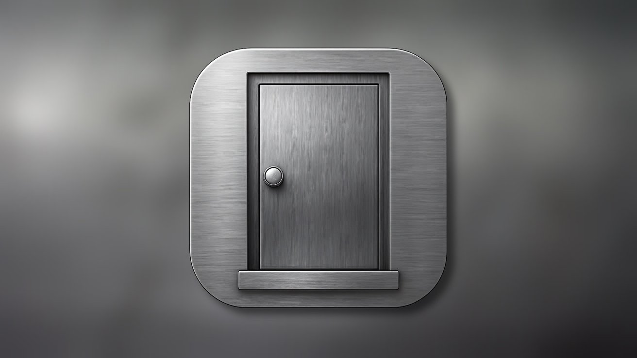 Metallic rounded square with a raised border featuring a small door icon in the center against a dark gradient background.